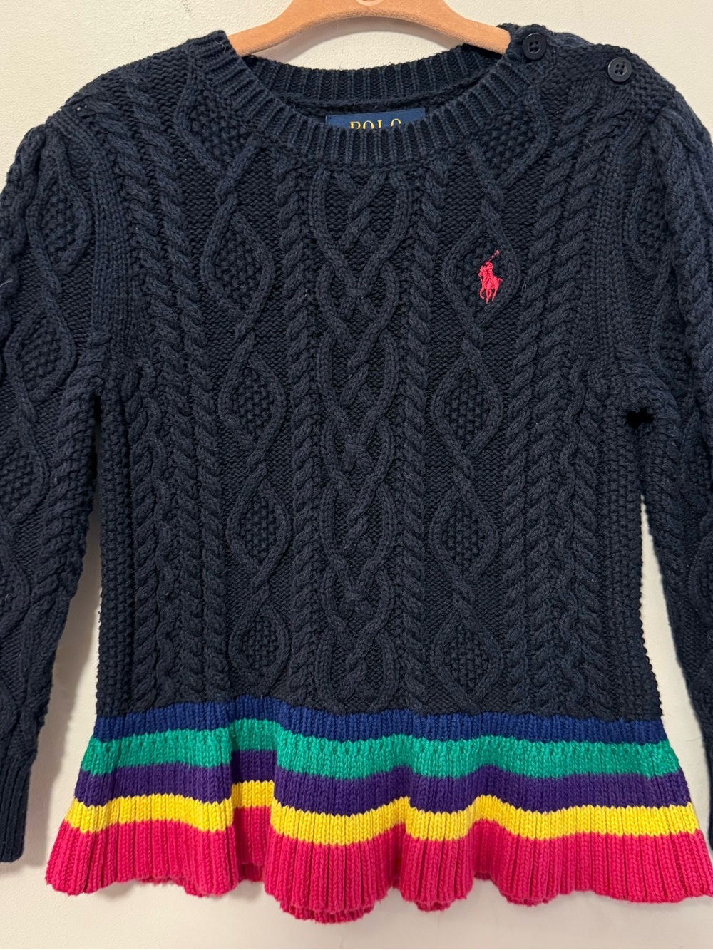 Ralph Lauren Navy Cable Knit Sweater with Pink Pony and Rainbow Hem